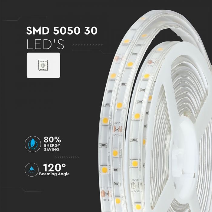 Cena par 5m_4.8W(420Lm) LED Lente, 30 diodes SMD5050, ūdensdroša IP65, V-TAC, auksti balta gaisma 6000K