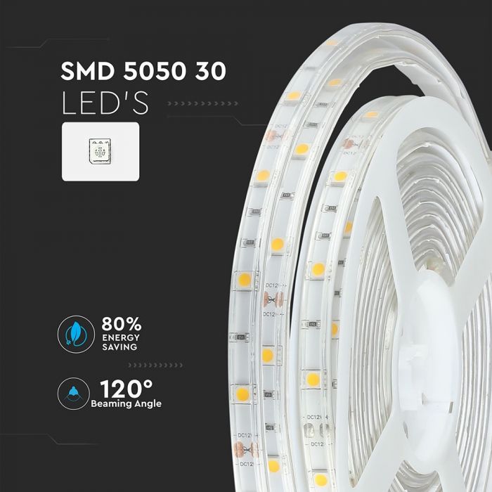 Hind 5m_4.8W(420Lm) LED lint, 30 dioodi SMD5050, veekindel IP65, V-TAC, jaheda valge valgus 6000K