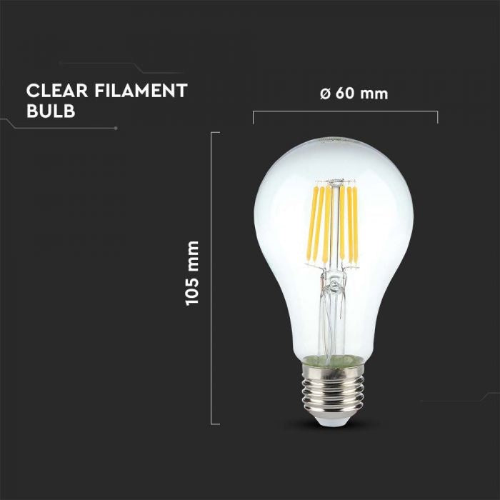 E27 10W(1055Lm) LED Spuldze Filament, A60, V-TAC, IP20, silti balta gaisma 3000K