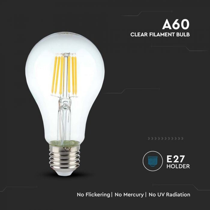 E27 10W(1055Lm) LED Spuldze Filament, A60, V-TAC, IP20, silti balta gaisma 3000K