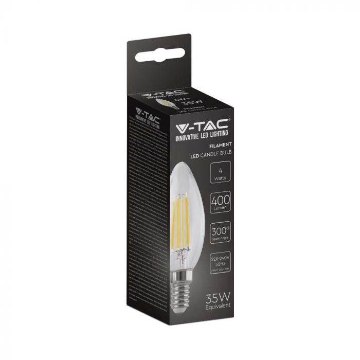 E14 4W(400Lm) LED Filament Bulb, IP20, стекло, форма свечи, V-TAC, нейтральный белый свет 4000K