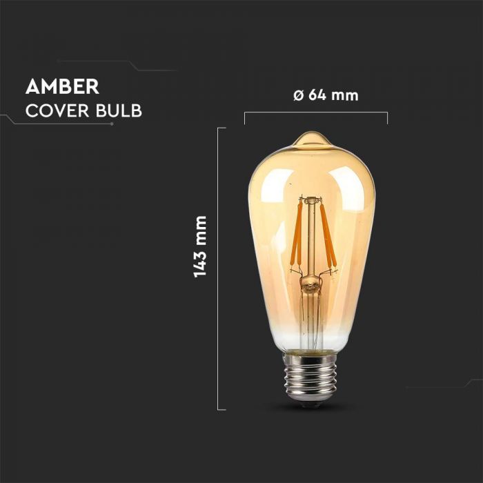 E27 8W(720Lm) LED Bulb Filament Amber, ST64, IP20, warm white light 2200K