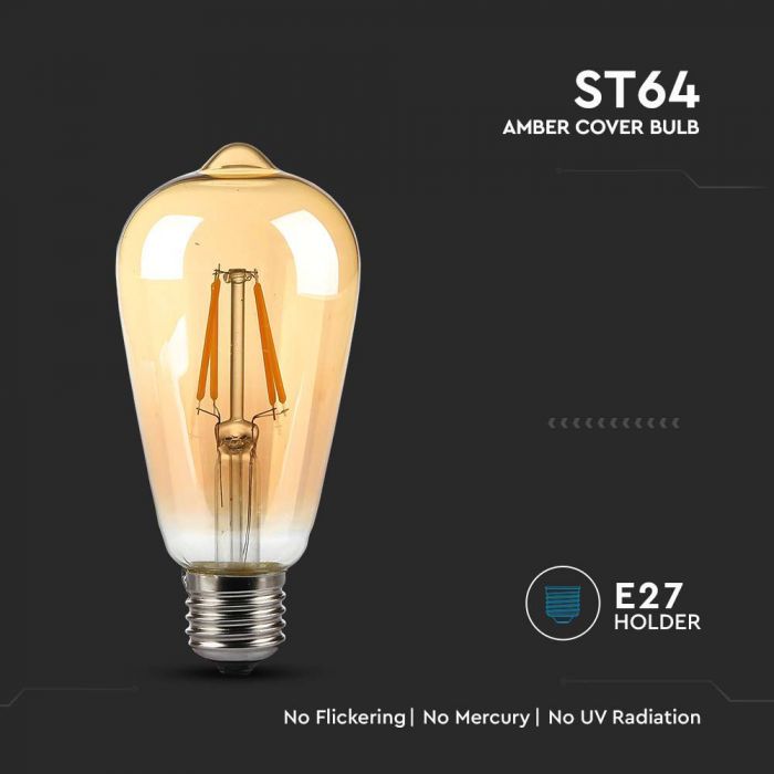E27 8W(720Lm) Светодиодная лампа Filament Amber, ST64, IP20, теплый белый свет 2200K