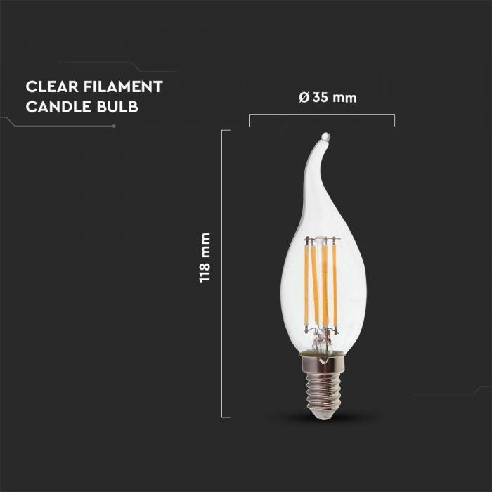 E14 4W(400Lm) LED Filament Bulb, IP20, стекло, форма свечи, V-TAC, холодный белый свет 6500K
