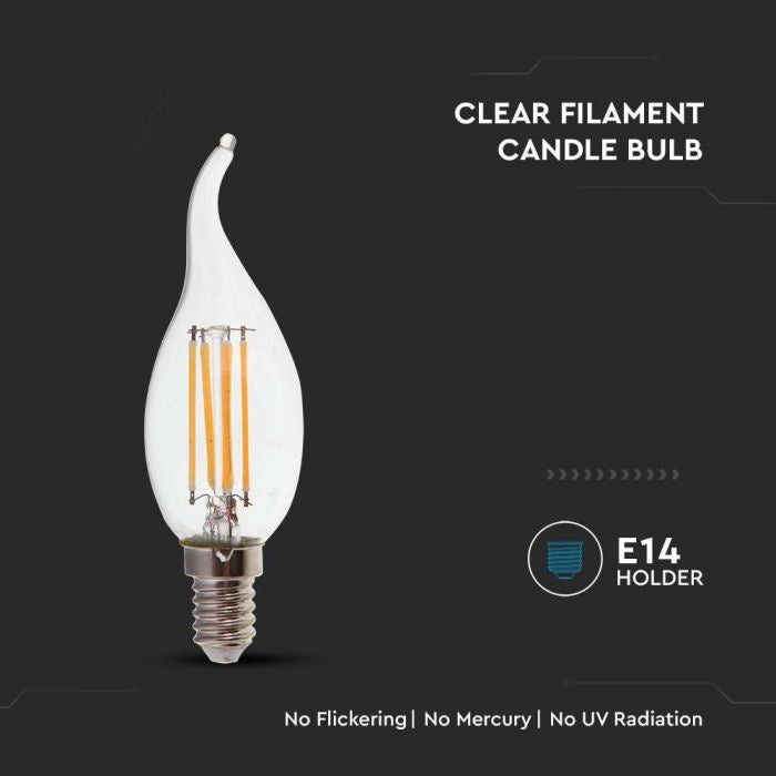 E14 4W(400Lm) LED Filament Bulb, IP20, стекло, форма свечи, V-TAC, холодный белый свет 6500K