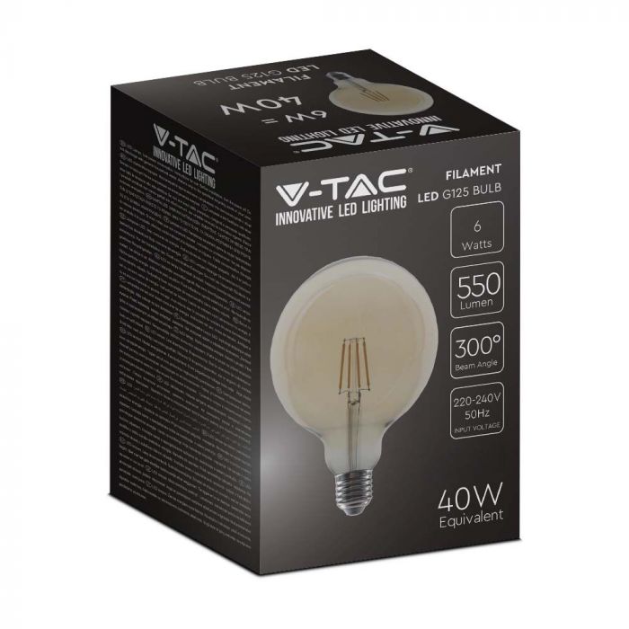 E27 6W(550Lm) LED Spuldze Filament Amber, G125, V-TAC, stikla, silti balta gaisma 2200K