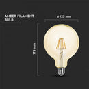 E27 6W(550Lm) LED Spuldze Filament Amber, G125, V-TAC, stikla, silti balta gaisma 2200K