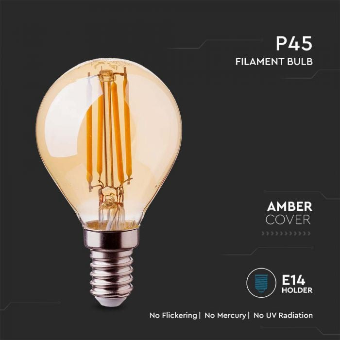 E14 4W(350Lm) LED Spuldze Filament AMBER, P45, V-TAC, IP20, silti balta gaisma 2200K