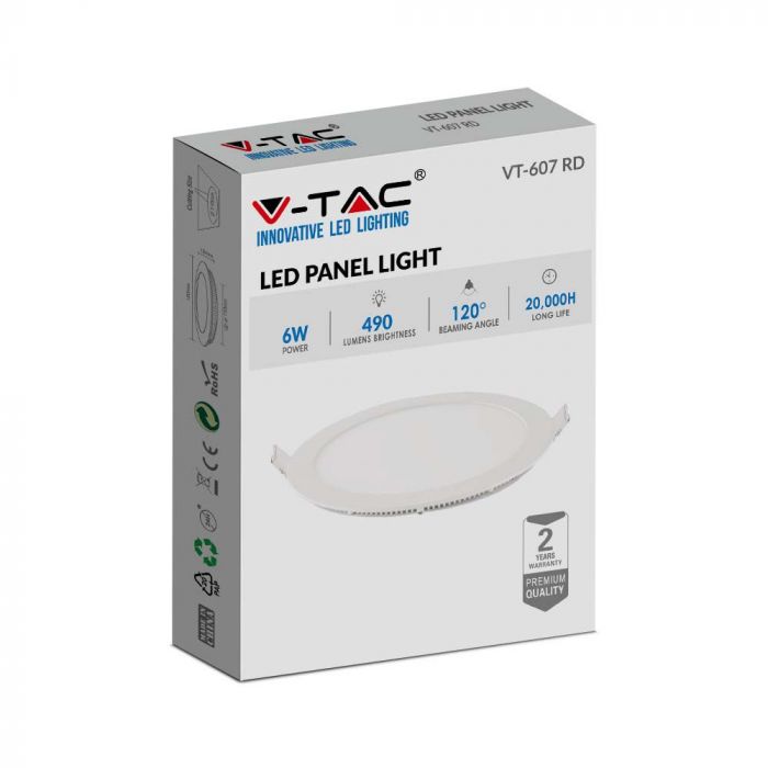 6W(490Lm) LED Premium Panel встраиваемая круглая, V-TAC, нейтральный белый 4000K, в комплекте с блоком питания