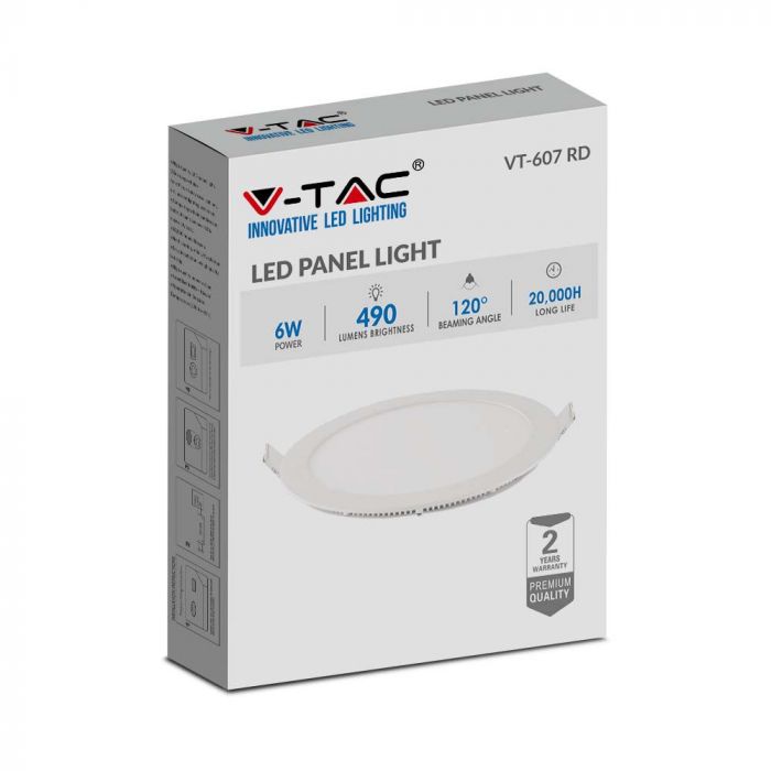 6W(490Lm) LED Premium Panel Infälld Rund, V-TAC, 6400K kallvitt ljus, komplett med strömförsörjningsenhet