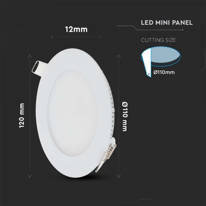 6W(490Lm) LED Premium Panel Infälld Rund, V-TAC, 6400K kallvitt ljus, komplett med strömförsörjningsenhet