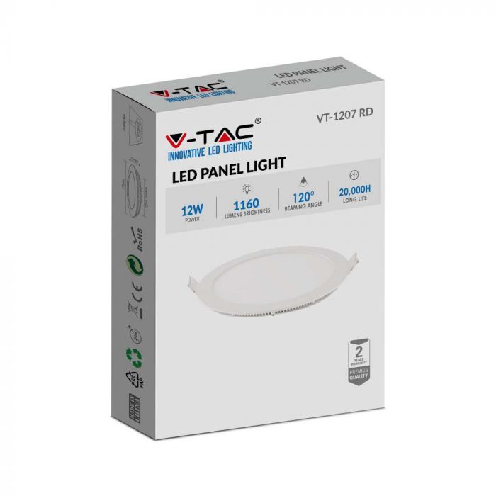 12W(1160Lm) LED Premium Panel Infälld Rund, V-TAC, 6400K kallvitt ljus, komplett med strömförsörjningsenhet