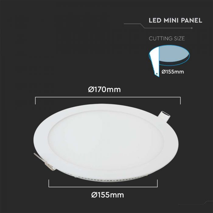 12W(1160Lm) LED Premium Panel Infälld Rund, V-TAC, 6400K kallvitt ljus, komplett med strömförsörjningsenhet