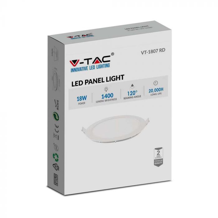 18W(1400Lm) LED Premium Panelis iebūvējams apaļš, V-TAC, silti balta gaisma 2700K, komplektā ar barošanās bloku