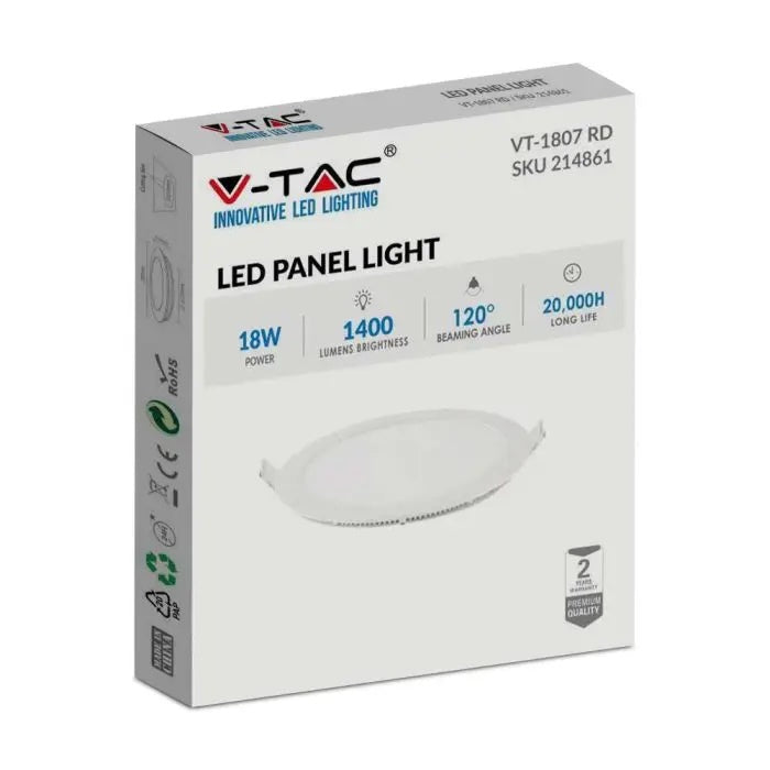 18W (1400Lm) LED paneel Premium süvistatav ümmargune, V-TAC, 4000K neutraalne valge valgus, koos toiteplokiga.