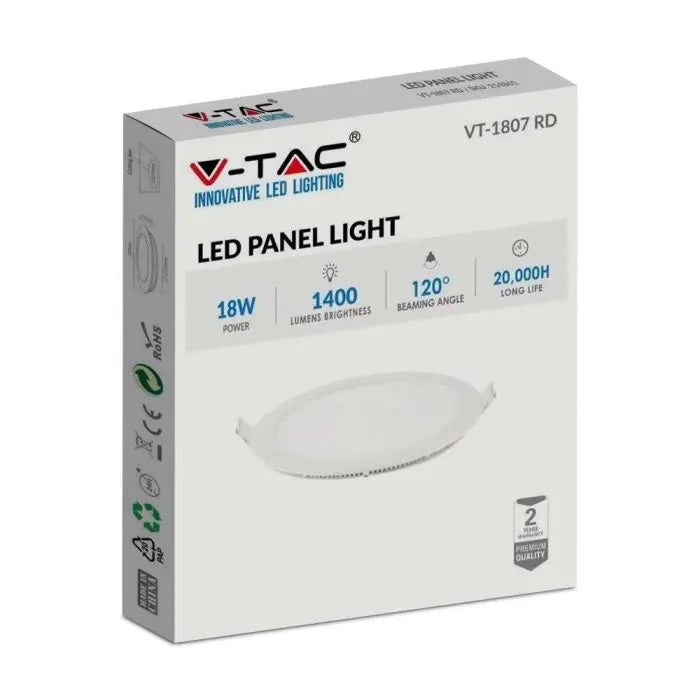 18W(1400Lm) LED Premium Panelis iebūvējams apaļš, V-TAC, auksti balta gaisma 6400K, komplektā ar barošanās bloku