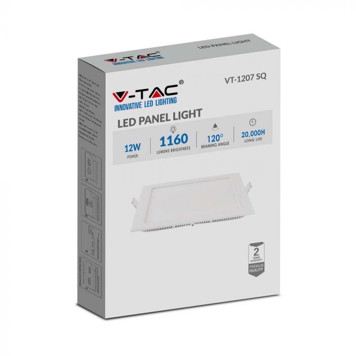 12W(1160Lm) LED Premium Panelis iebūvējams kvadrāta, V-TAC, IP20, silti balta gaisma 2700K, komplektā ar barošanās bloku