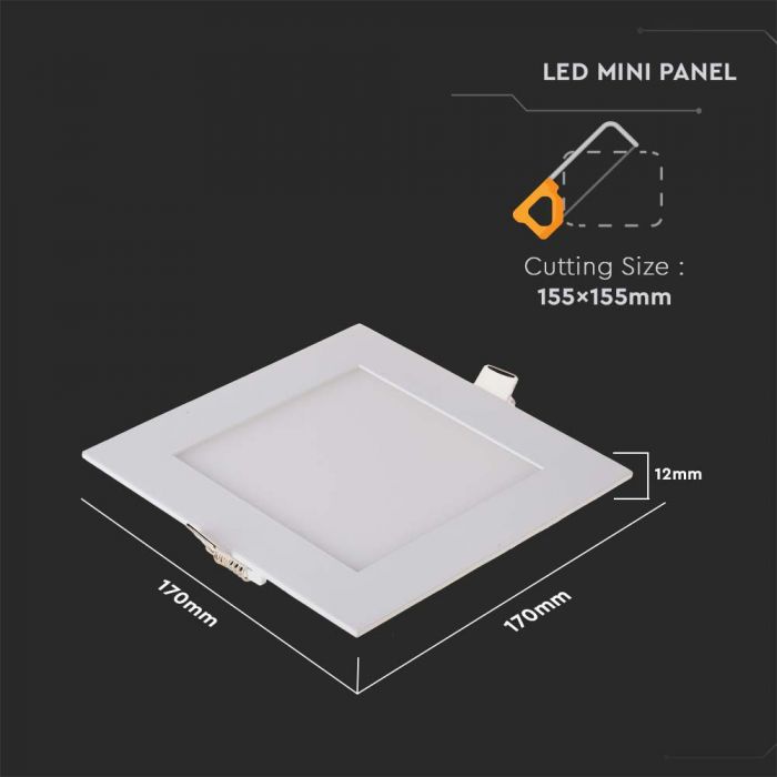 12W(1160Lm) LED Premium Panel built-in square, V-TAC, IP20, warm white light 2700K, complete with power supply unit