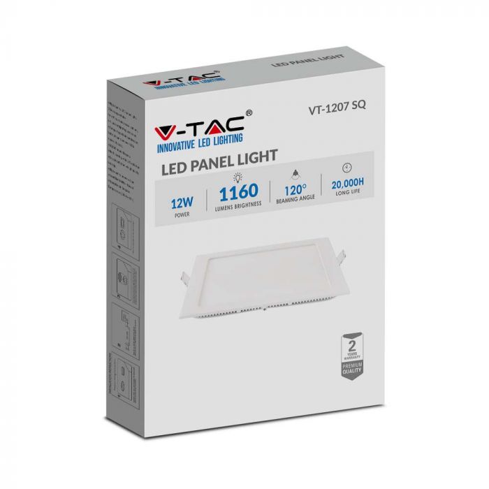 12W (1160Lm) LED Premium paneel süvistatav ruut, V-TAC, soe valge valgus 6400K, koos toiteplokiga.