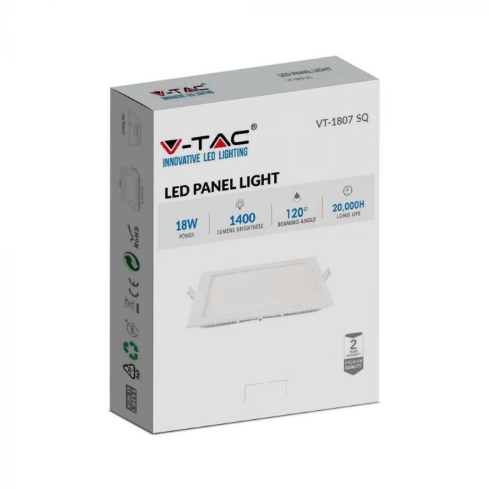 18W (1400Lm) LED Premium paneel süvistatav ruudukujuline, V-TAC, P20, 4000K neutraalne valge valgus, koos toiteplokiga.