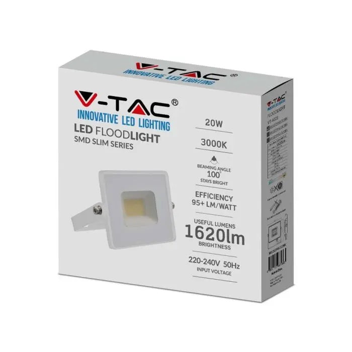 20W(1620Lm) LED Prožektors, V-TAC, IP65, balts, silti balta gaisma 3000K