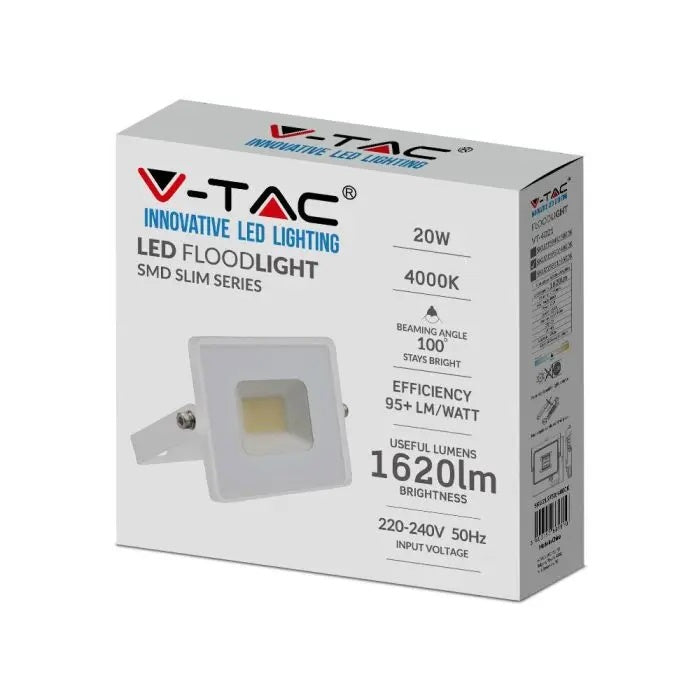 20W (1620Lm) LED-strålkastare V-TAC, IP65, 5 års garanti, vit, neutralvit 4000K