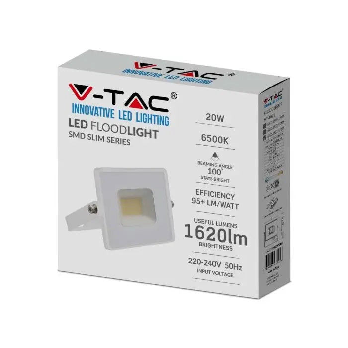 20W(1620Lm) LED-strålkastare, V-TAC, IP65, vit, kallvit 6500K