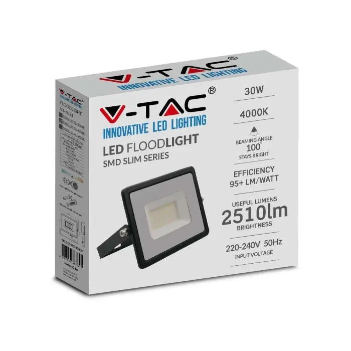30W(2510Lm) LED-strålkastare, V-TAC, IP65, svart, kallvitt ljus 406500K