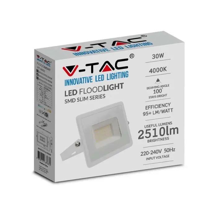 30W(2510Lm) LED-strålkastare, V-TAC, IP65, vit, kallvit 6500K