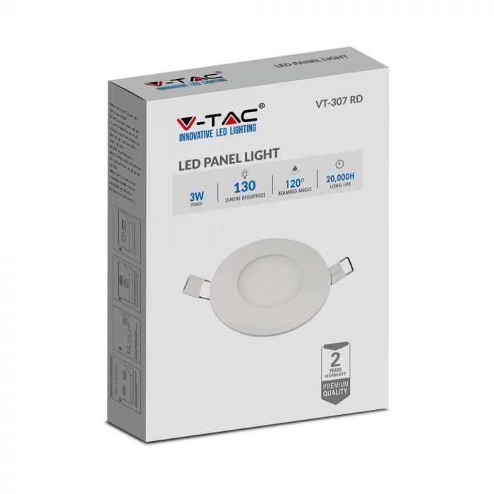 3W(130Lm) LED paneel süvistatav ümmargune, V-TAC, IP20, valge, soe valge valgus 2700K