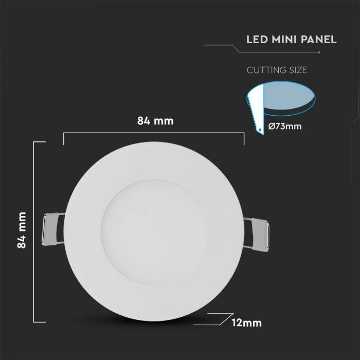 3W(130Lm) LED Panel recessed round, V-TAC, IP20, white, warm white light 2700K