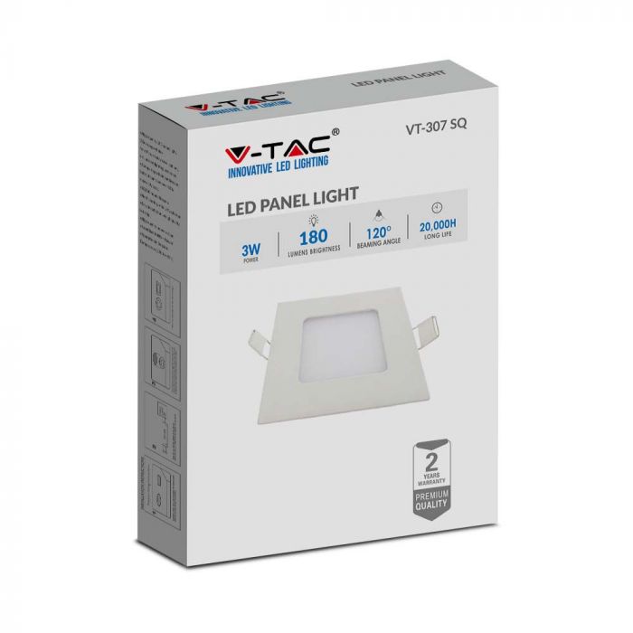 3W(130Lm) LED paneel süvistatav ruudukujuline, V-TAC, neutraalne valge 4000K, tarnitakse koos toiteplokiga.