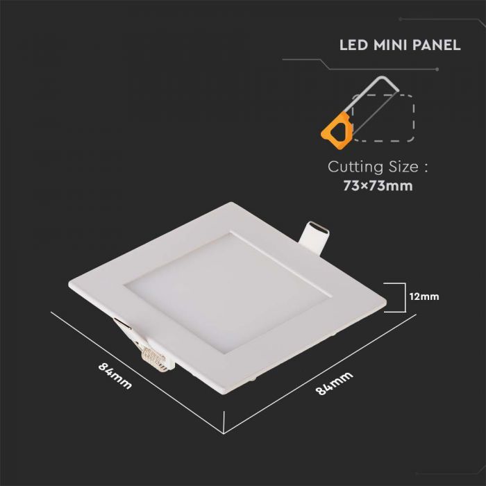 3W(130Lm) LED Panel infälld fyrkantig, V-TAC, varmvitt ljus 2700K, komplett med strömförsörjningsenhet