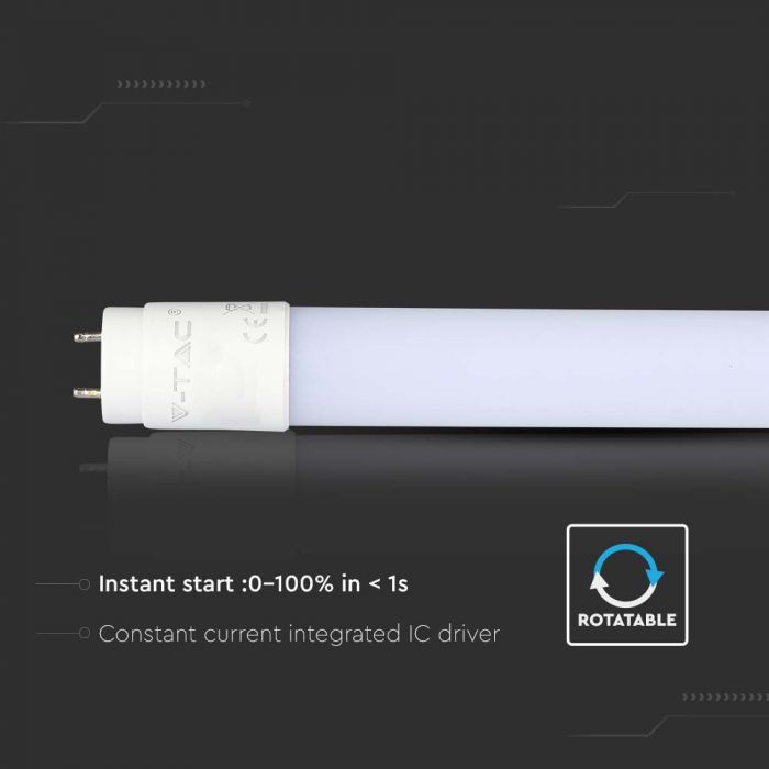 T8 9W(850Lm) 60 cm LED V-TAC spuldze, rotējoša, garantija 3 gadi, G13, IP20, silti balta gaisma 3000K
