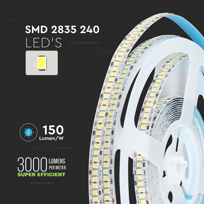 Cena par 1m_18W(3000Lm) LED Lente, 240 diodes SMD2835, ūdensnedroša IP20, V-TAC, silti balta gaisma 3000K