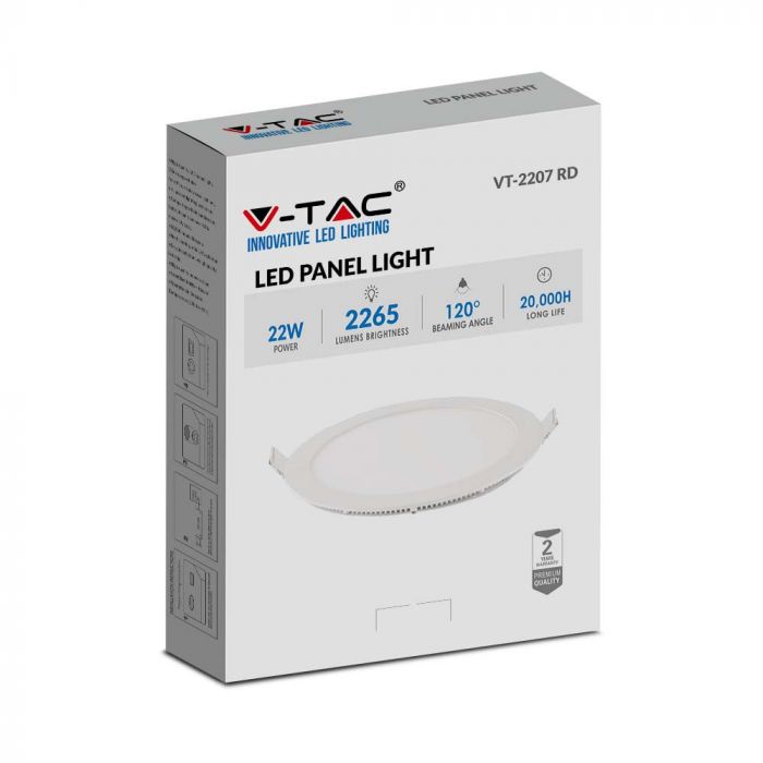 22W((2265Lm) LED Panelis iebūvējams apaļš, V-TAC, IP20,  balts, neitrāli balta gaisma 4000K