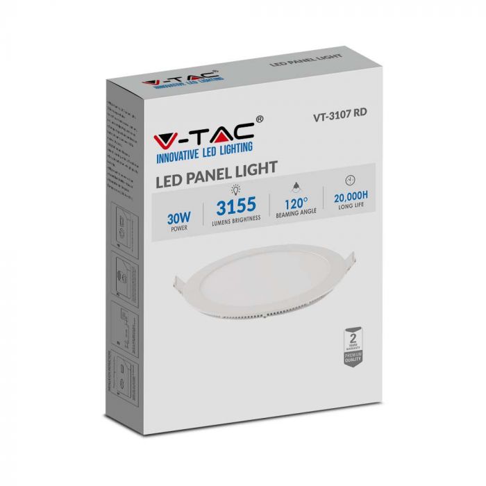 30W(3155Lm) LED Premium Panelis iebūvējams apaļš, V-TAC, auksti balta gaisma 6400K, komplektā ar barošanās bloku