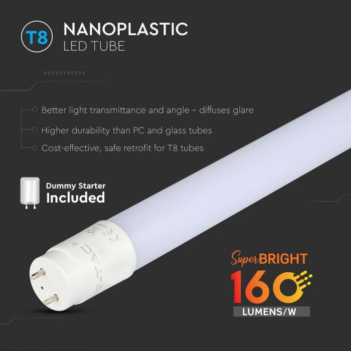 Светодиодная лампа T8 7Вт(1120Лм), 60см NANO Plastic, V-TAC, гарантия 5 лет, IP20, G13, холодный белый 6400K