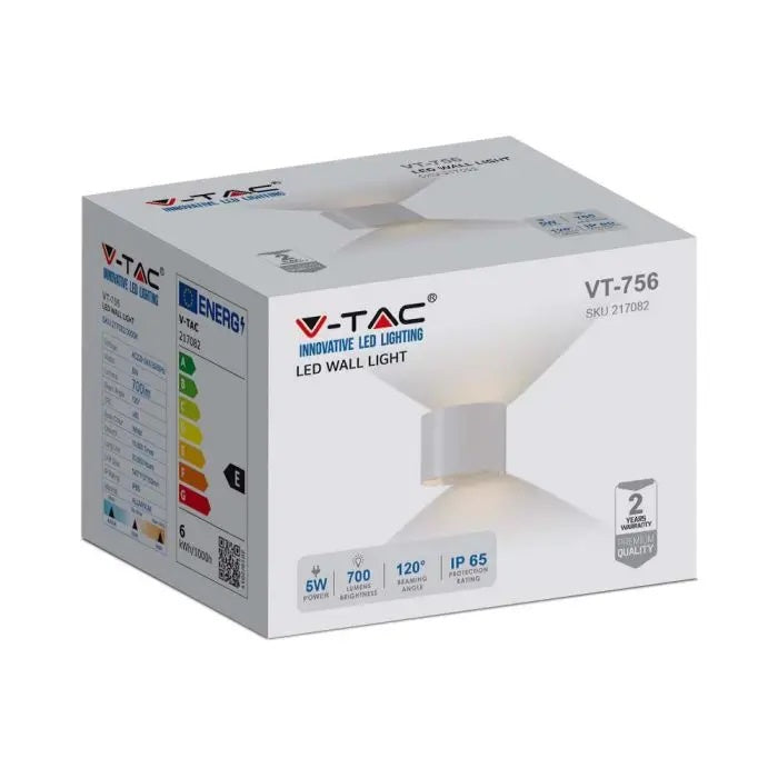 5W(700Lm) LED COB fasādes gaismeklis, V-TAC, IP65, balts, silti balta gaisma 3000K