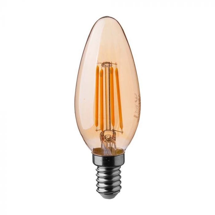 E14 4W(350Lm) LED Filament Glödlampa, IP20, glas, ljusform, bärnstensfärgad, V-TAC, varmvitt ljus 2200K