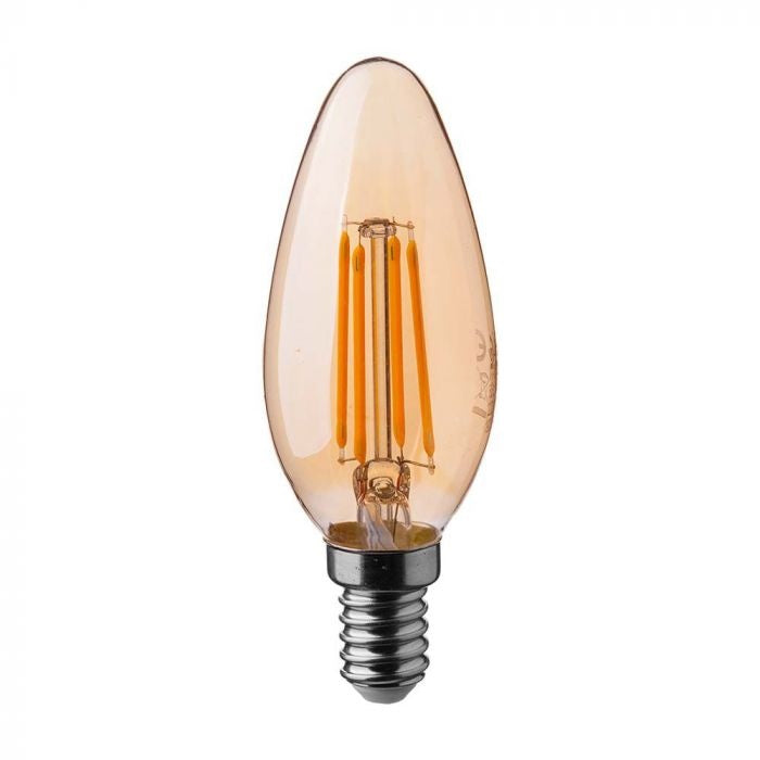 AKCIJA_E14 4W(350Lm) LED Filament Spuldze, IP20, stikla, sveces forma, dzintara krāsā, V-TAC, silti balta gaisma 2200K