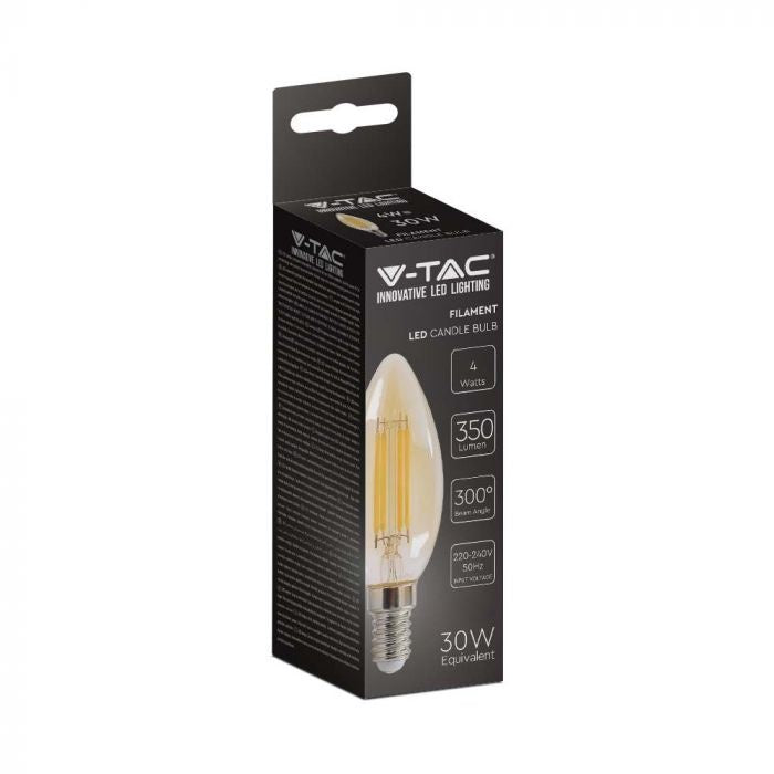 E14 4W(350Lm) LED Filament Glödlampa, IP20, glas, ljusform, bärnstensfärgad, V-TAC, varmvitt ljus 2200K