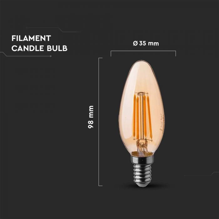 E14 4W(350Lm) LED Filament Spuldze, IP20, stikla, sveces forma, dzintara krāsā, V-TAC, silti balta gaisma 2200K