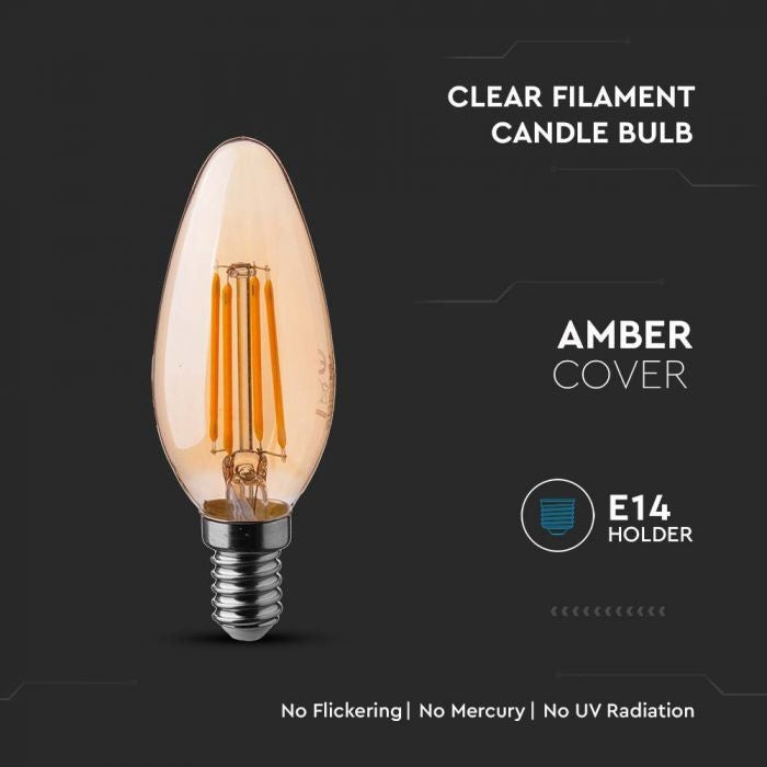 AKCIJA_E14 4W(350Lm) LED Filament Bulb, IP20, стекло, форма свечи, янтарь, V-TAC, теплый белый свет 2200K