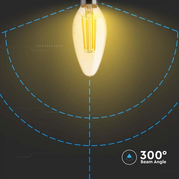 AKCIJA_E14 4W(350Lm) LED hõõglamp, IP20, klaasist, küünlakujuline, merevaigukollane, V-TAC, soe valge valgus 2200K