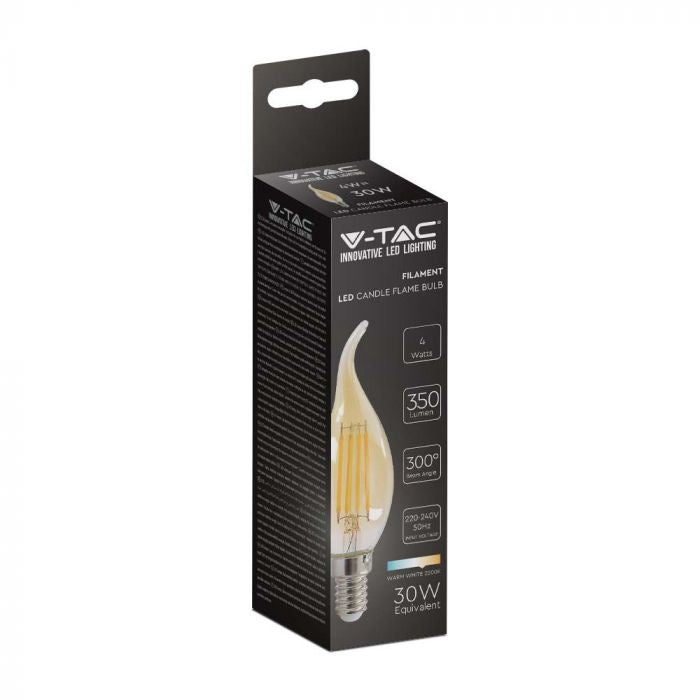 E14 4W(350Lm) LED Filament Bulb, IP20, стекло, форма свечи, янтарь, V-TAC, теплый белый свет 2200K
