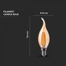 E14 4W(350Lm) LED Filament Bulb, IP20, glass, candle shape, amber color, V-TAC, warm white light 2200K