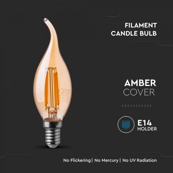 E14 4W(350Lm) LED Filament Bulb, IP20, glass, candle shape, amber color, V-TAC, warm white light 2200K