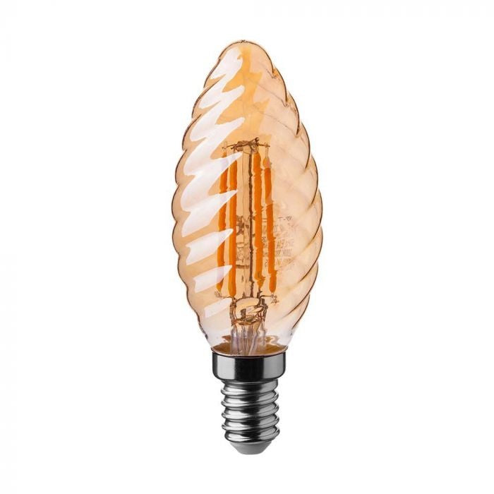 E14 4W(350Lm) LED Filament Bulb, IP20, glass, grooved, candle shape, amber color, V-TAC, warm white light 2200K