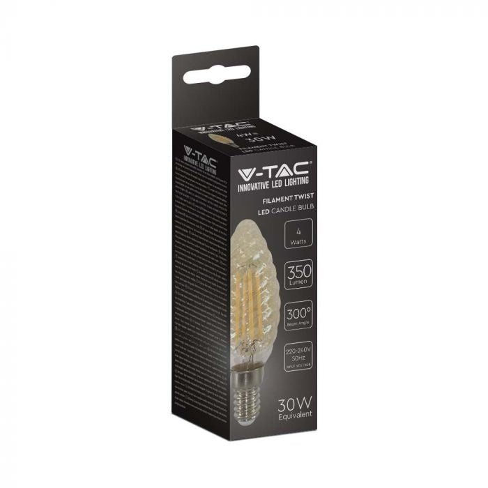 E14 4W(350Lm) LED Filament Bulb, IP20, стекло, рифленая, форма свечи, янтарь, V-TAC, теплый белый свет 2200K